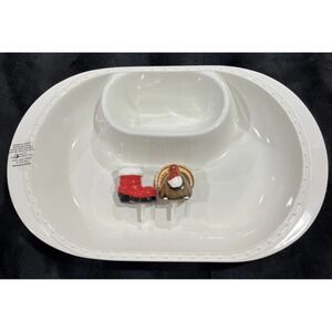 Nora Fleming Chip & Dip Oval Pearl Dot Stoneware Server Turkey & Santa Boot Mini